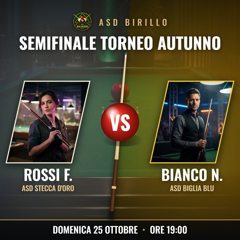 Esempio di grafica per il biliardo: Semifinale Torneo Autunno, Rossi F. contro Bianco N., domenica 25 ottobre ore 19:00
